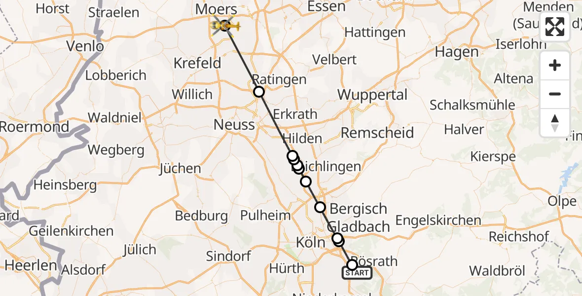 Flugroute Ambulanzhubschrauber Köln Bonn Flughafen - Moers, 04 Juli 2026, 15:55