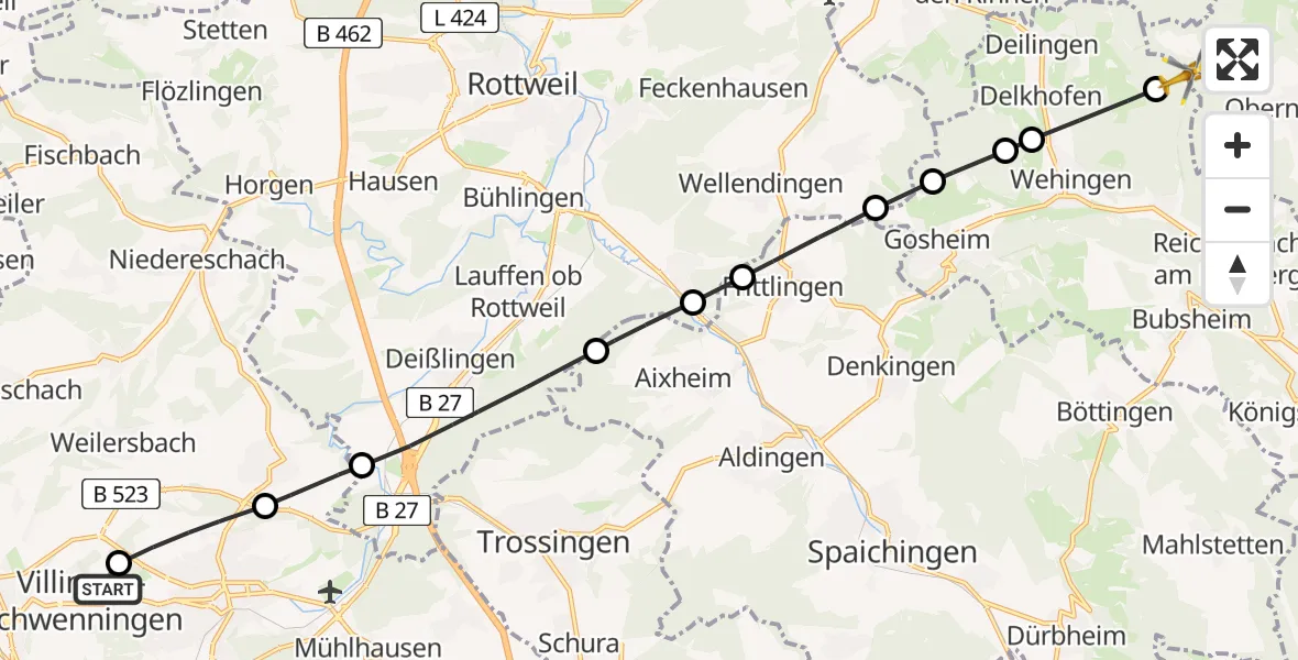 Flugroute Rettungshubschrauber DRF Air Rescue Station Villingen-Schwenningen Hubschrauberlandeplatz (Christoph 11) - Obernheim, 04 Juli 2026, 15:55