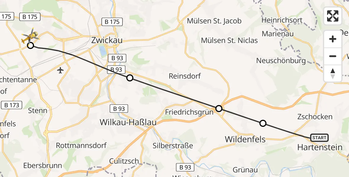 Flugroute Rettungshubschrauber Hartenstein - ADAC Air Rescue Station Zwickau Hubschrauberlandeplatz, 04 Juli 2026, 15:55