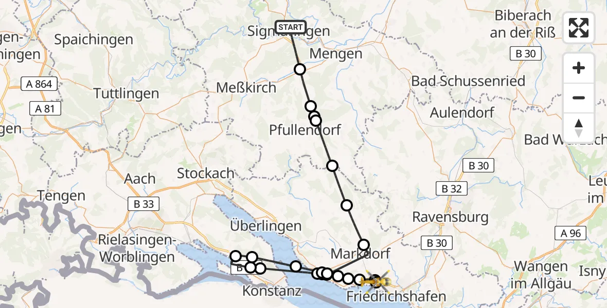 Flugroute Rettungshubschrauber Sigmaringen - Friedrichshafen Hospital, 04 Juli 2026, 15:59