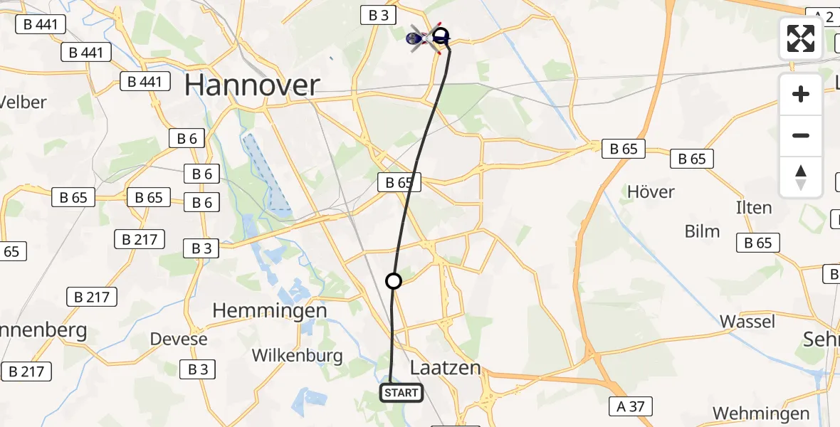 Flugroute Polizeihubschrauber Laatzen - Hannover Luftrettung Hubschrauberlandeplatz (Christoph 4), 04 Juli 2026, 16:02