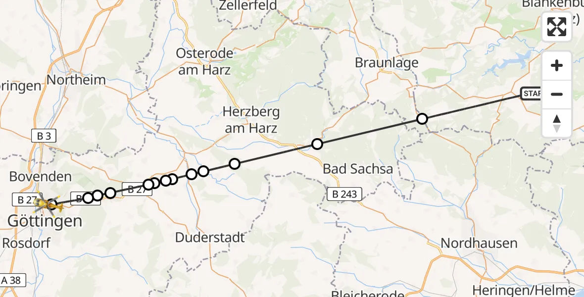 Flugroute Rettungshubschrauber Oberharz am Brocken - Göttingen University Clinic Hubschrauberlandeplatz, 04 Juli 2026, 16:06