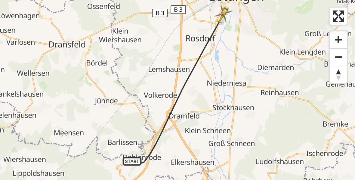 Flugroute Rettungshubschrauber Rosdorf - Göttingen, 04 Juli 2026, 16:07
