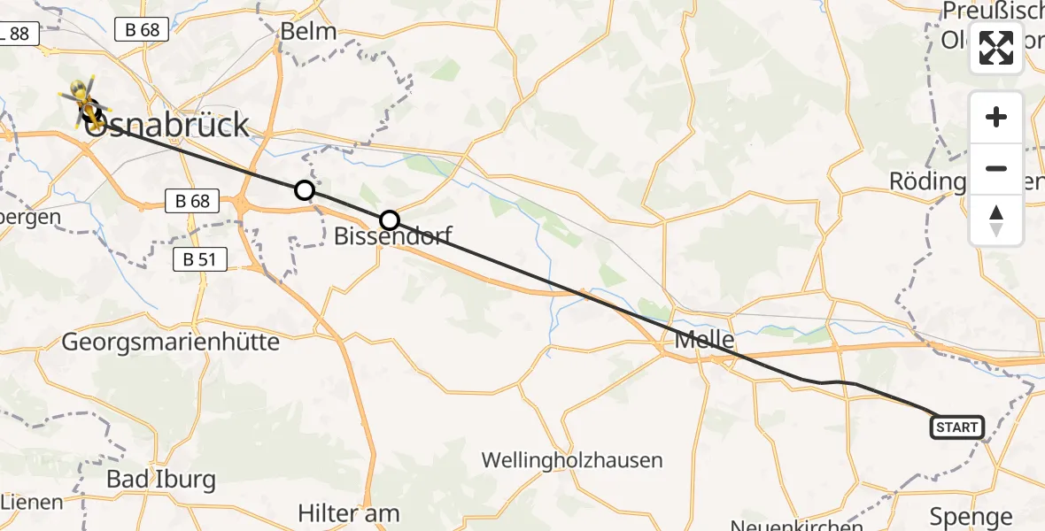 Flugroute Ambulanzhubschrauber Melle - Osnabrück Hospital, 04 Juli 2026, 16:07