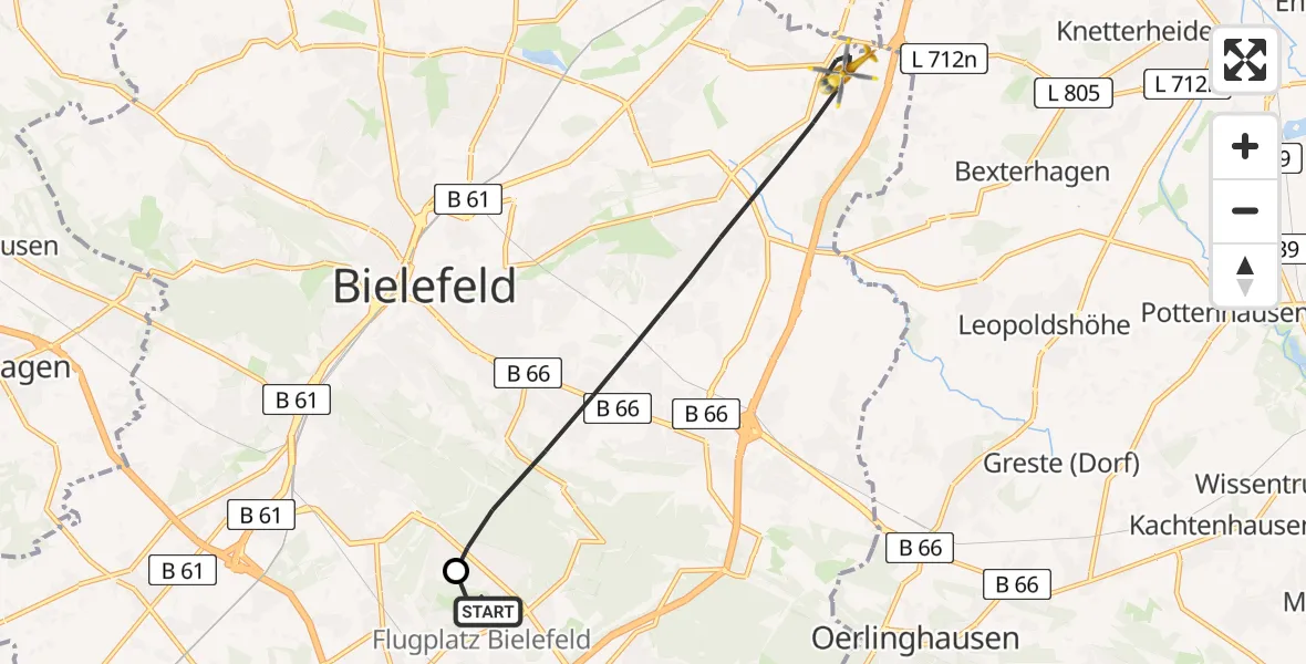 Flugroute Rettungshubschrauber Bielefeld Flughafen - Bielefeld, 04 Juli 2026, 16:08