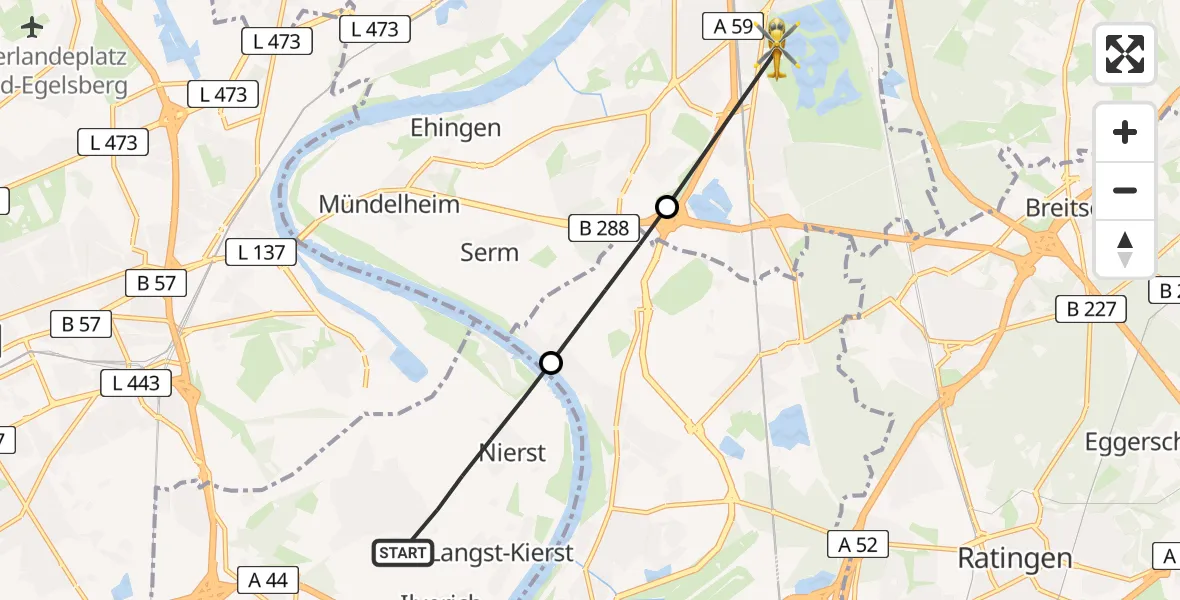 Flugroute Rettungshubschrauber Meerbusch - Duisburg Air Rescue Hubschrauberlandeplatz (Christoph 9), 04 Juli 2026, 16:09