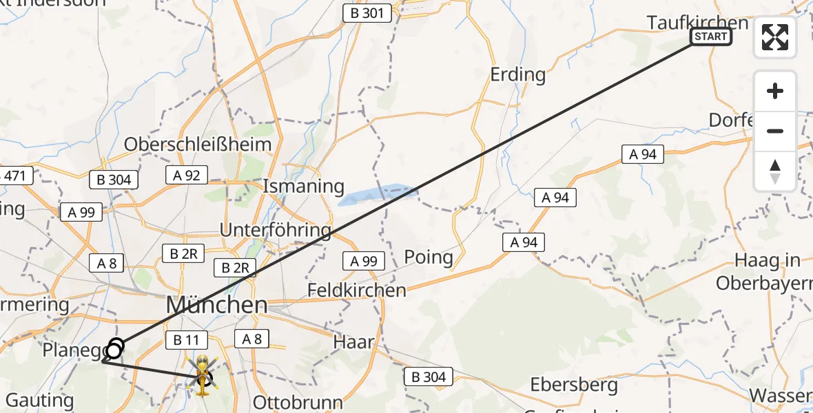 Flugroute Rettungshubschrauber Taufkirchen (Vils) - ADAC Air Rescue Center Hubschrauberlandeplatz (Christoph 1), 04 Juli 2026, 16:10