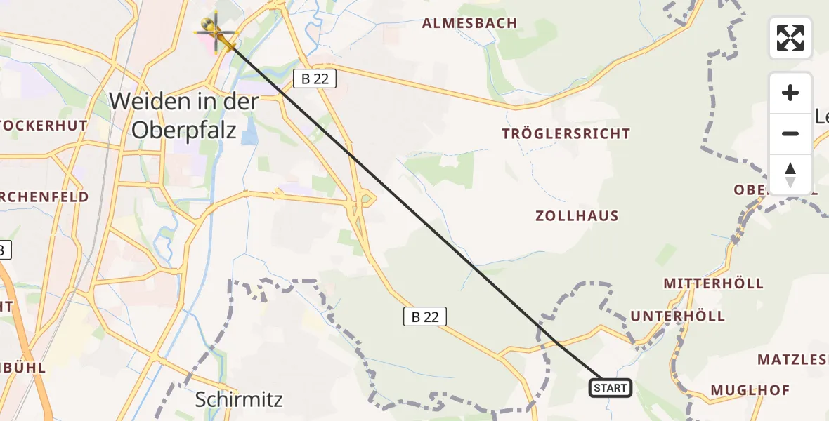 Flugroute Rettungshubschrauber Bechtsrieth - Weiden Hospital, 04 Juli 2026, 16:17