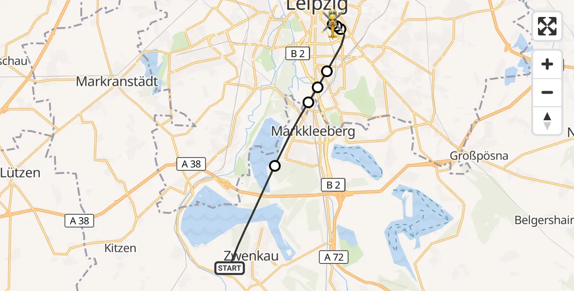 Flugroute Rettungshubschrauber Zwenkau - Leipzig University Hospital Heliport 1, 04 Juli 2026, 16:19