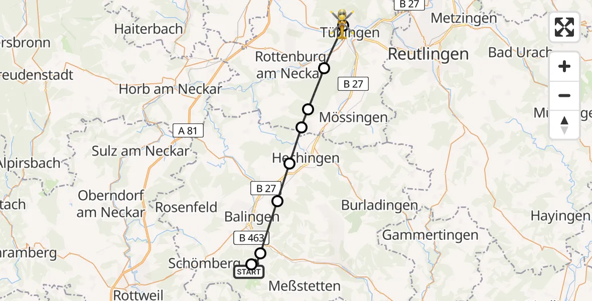 Flugroute Rettungshubschrauber Hausen am Tann - Tübingen University Hospital, 04 Juli 2026, 16:27