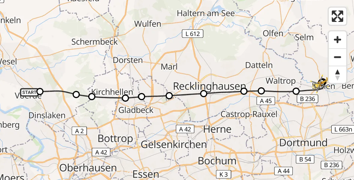 Flugroute Rettungshubschrauber Voerde (Niederrhein) - Sankt Marien Hospital, 04 Juli 2026, 16:29