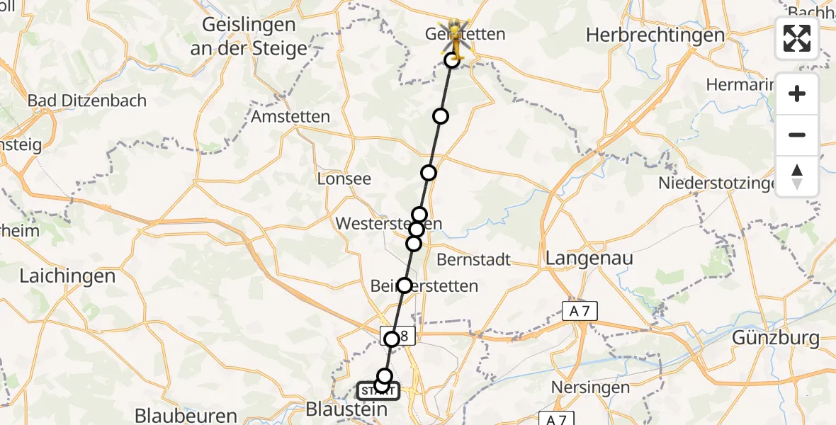 Flugroute Rettungshubschrauber Ulm Military Hospital Emergency - Gerstetten, 04 Juli 2026, 16:31