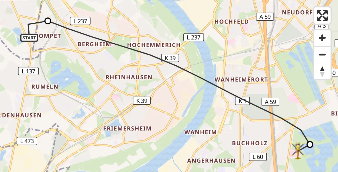 Flugroute Ambulanzhubschrauber Moers - Duisburg Air Rescue Hubschrauberlandeplatz (Christoph 9), 04 Juli 2026, 16:36