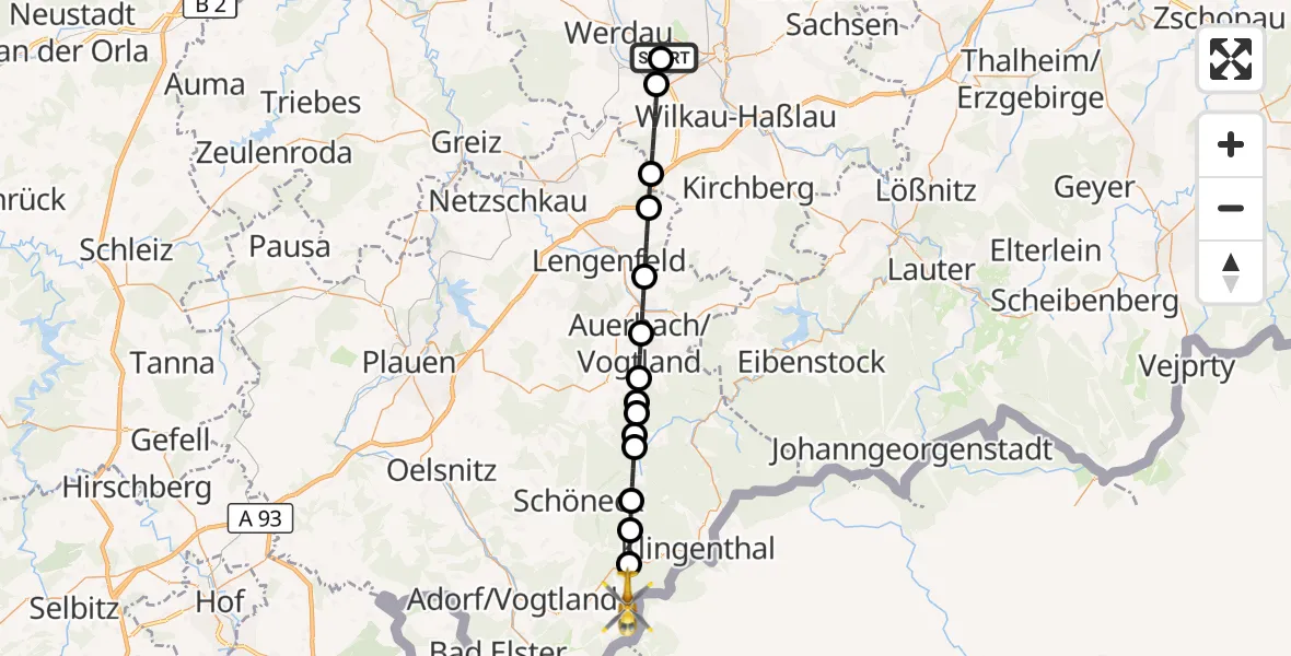 Flugroute Rettungshubschrauber ADAC Air Rescue Station Zwickau Hubschrauberlandeplatz - Markneukirchen, 04 Juli 2026, 16:36