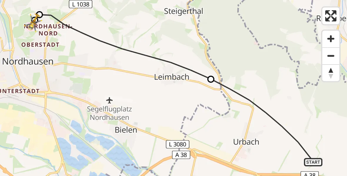 Flugroute Rettungshubschrauber Urbach - Südharz Hospital Nordhausen, 04 Juli 2026, 16:37