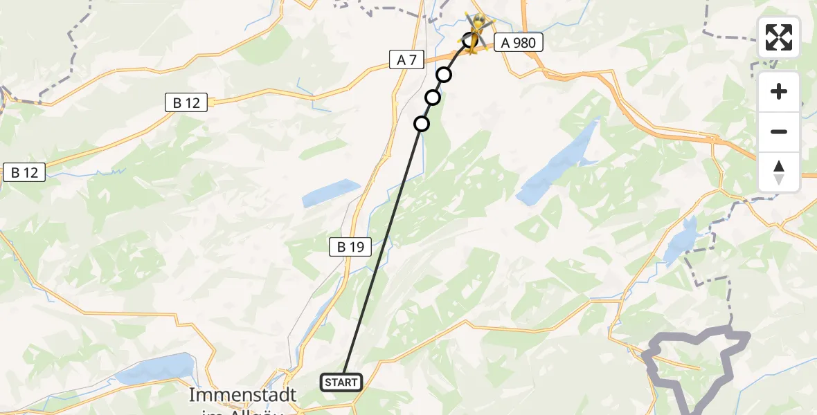 Flugroute Rettungshubschrauber Rettenberg - Kempten-Durach Flugplatz, 04 Juli 2026, 16:38