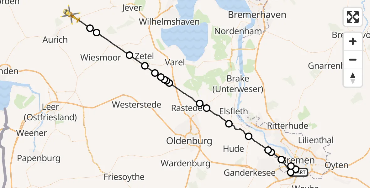 Flugroute Rettungshubschrauber Bremen - Aurich, 04 Juli 2026, 16:42