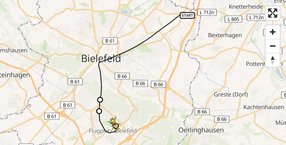 Flugroute Rettungshubschrauber Bielefeld - Bielefeld Flughafen, 04 Juli 2026, 16:45