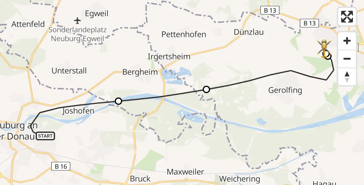 Flugroute Rettungshubschrauber Neuburg a.d.Donau - Ingolstadt Hospital, 04 Juli 2026, 17:00