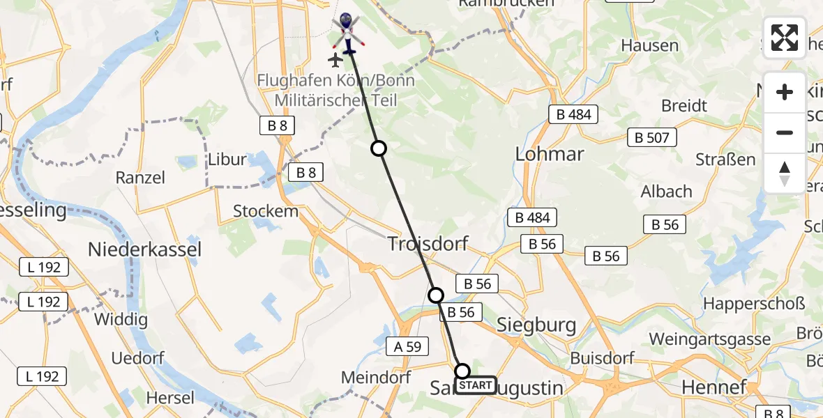 Flugroute Polizeihubschrauber Asklepios Children's Clinic Sankt Augustin - Köln Bonn Flughafen, 04 Juli 2026, 17:00