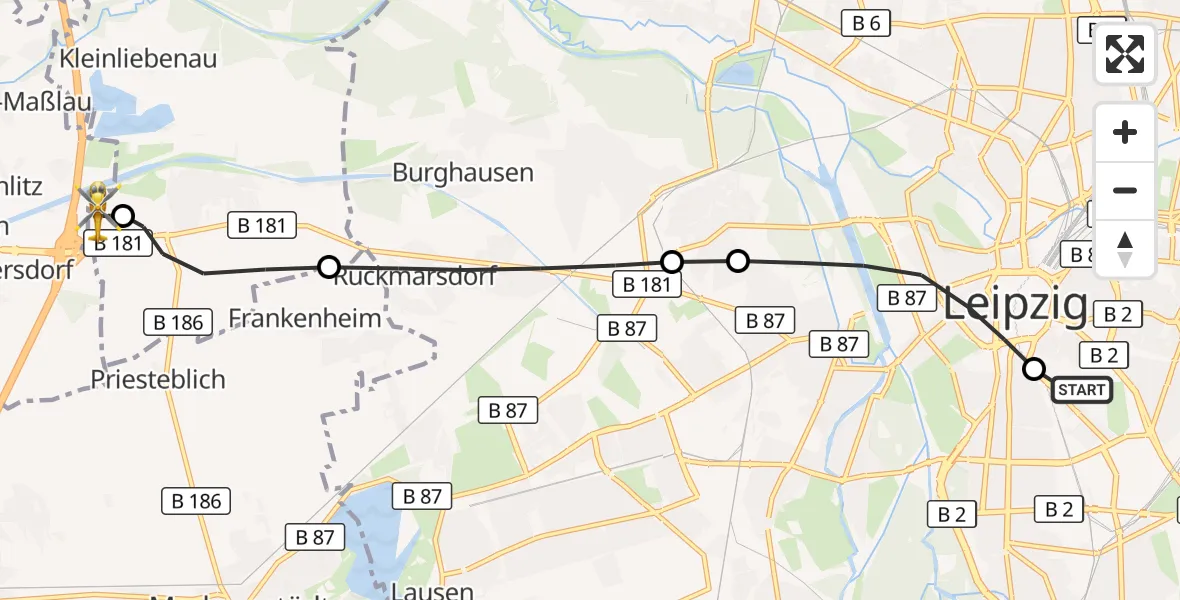Flugroute Rettungshubschrauber Leipzig University Hospital Heliport 1 - ADAC Air Rescue Station Leipzig/Schkeuditz-Dölzig Hubschrauberlandeplatz (Christoph 61), 04 Juli 2026, 17:02