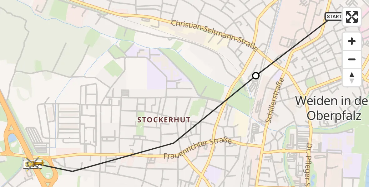 Flugroute Rettungshubschrauber Weiden Hospital - Weiden i.d.OPf., 04 Juli 2026, 17:02