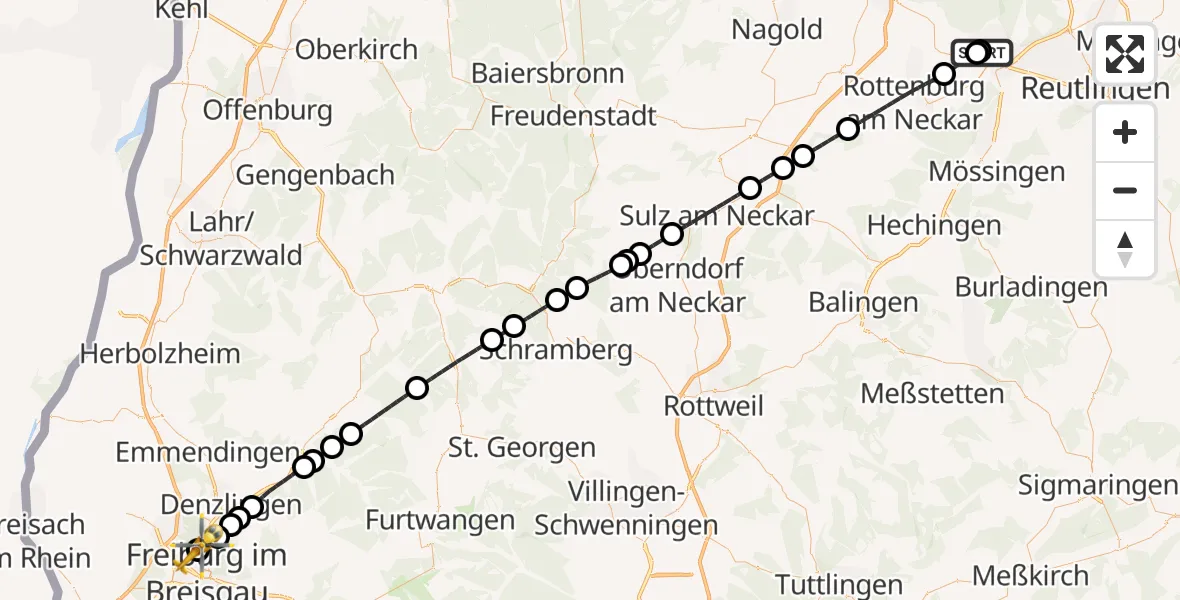 Flugroute Rettungshubschrauber Tübingen University Hospital - Freiburg im Breisgau Flugplatz, 04 Juli 2026, 17:06