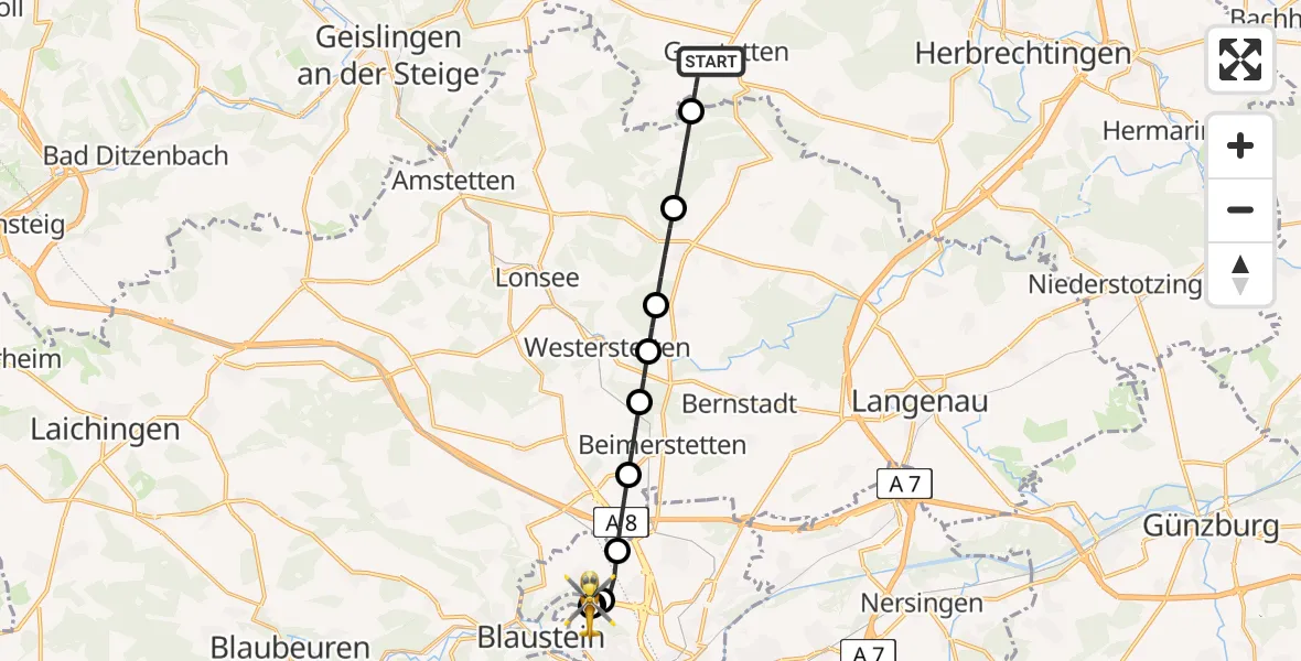 Flugroute Rettungshubschrauber Gerstetten - ADAC Air Rescue Station Ulm (Christoph 22), 04 Juli 2026, 17:10