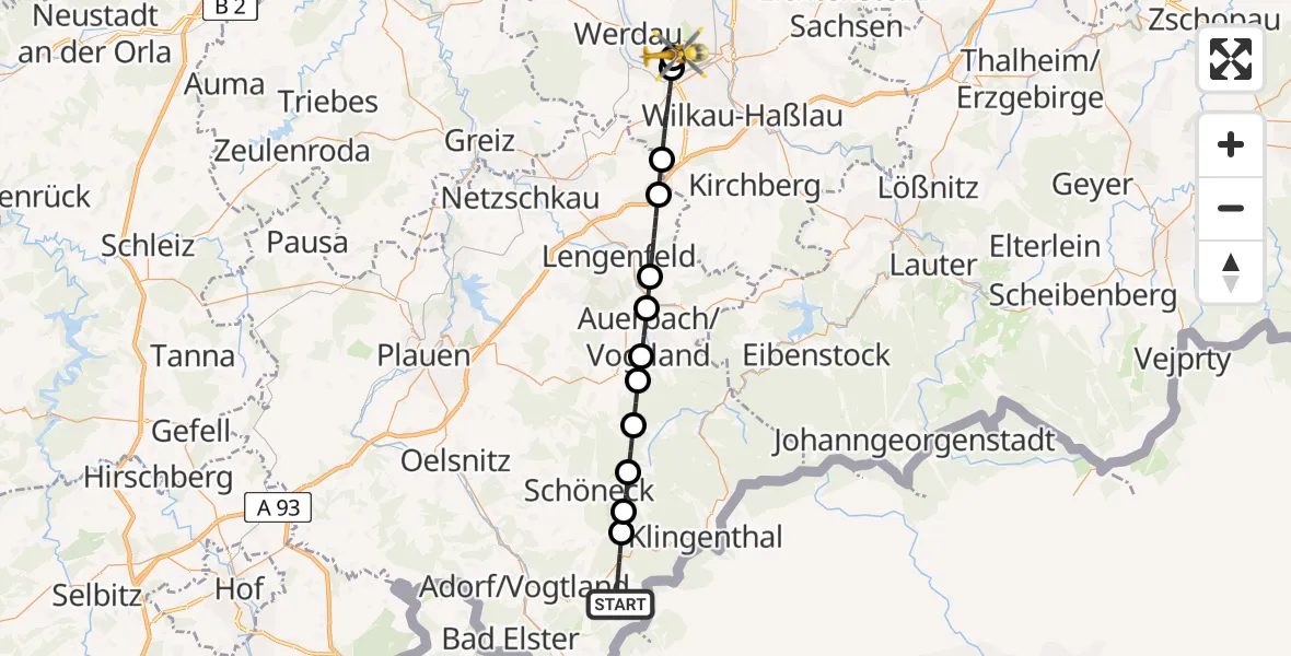 Flugroute Rettungshubschrauber Markneukirchen - ADAC Air Rescue Station Zwickau Hubschrauberlandeplatz, 04 Juli 2026, 17:11