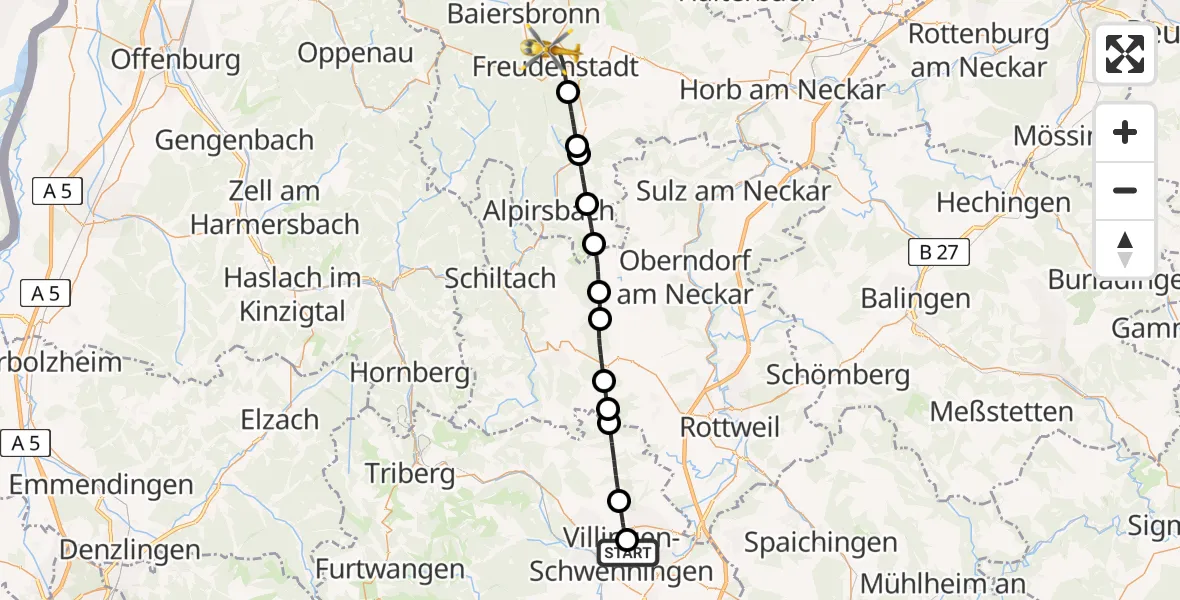 Flugroute Ambulanzhubschrauber DRF Air Rescue Station Villingen-Schwenningen Hubschrauberlandeplatz (Christoph 11) - Freudenstadt, 04 Juli 2026, 17:13