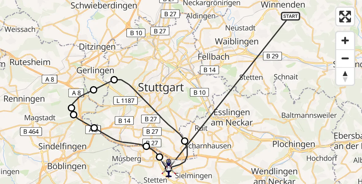 Flugroute Polizeihubschrauber Winnenden - Flughafen Stuttgart, 04 Juli 2026, 17:22