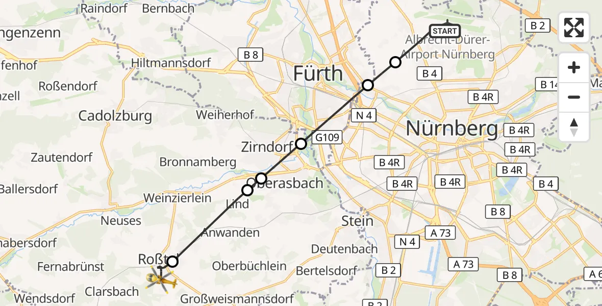Flugroute Ambulanzhubschrauber Flughafen Nuremberg - Roßtal, 04 Juli 2026, 17:24