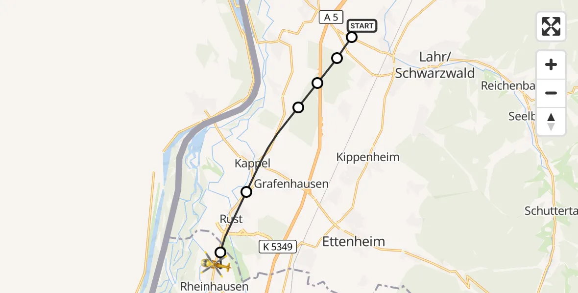 Flugroute Rettungshubschrauber Lahr Flughafen - Rheinhausen, 04 Juli 2026, 17:34