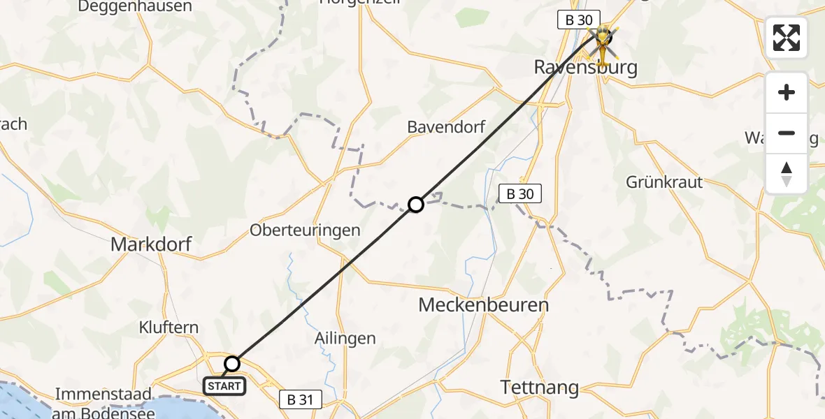 Flugroute Rettungshubschrauber Friedrichshafen Hospital - Sankt Elisabeth Hospital, 04 Juli 2026, 17:37