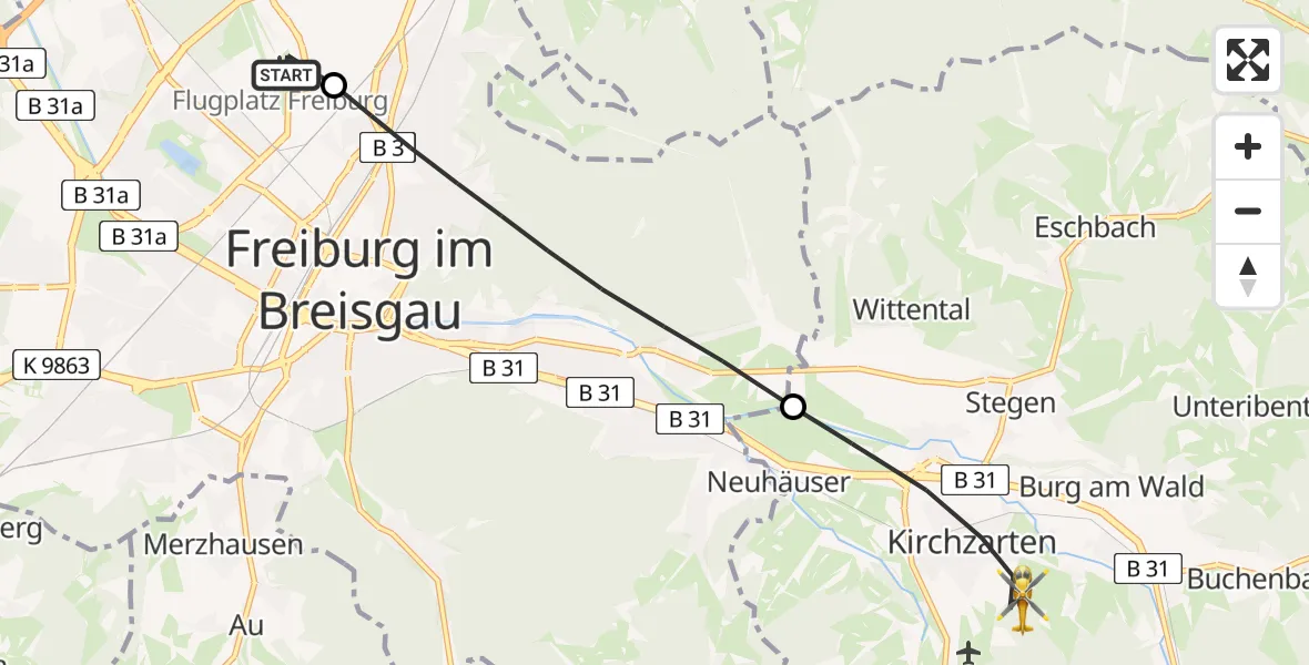 Flugroute Rettungshubschrauber Freiburg im Breisgau Flugplatz - Kirchzarten, 04 Juli 2026, 17:43