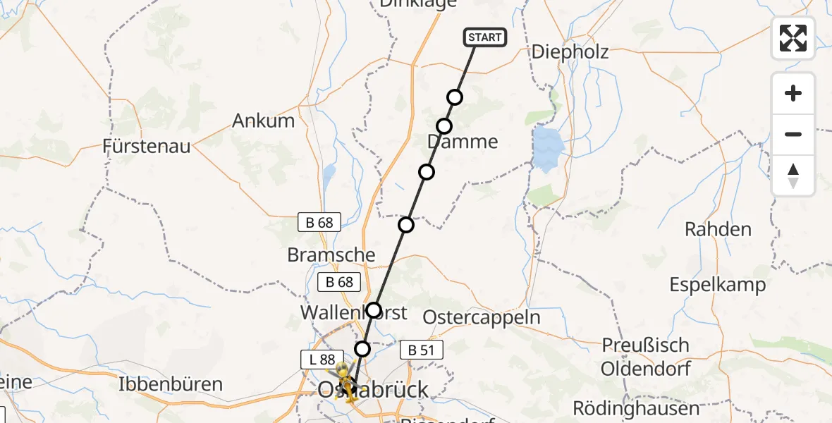 Flugroute Ambulanzhubschrauber Steinfeld (Oldenburg) - Osnabrück Hospital, 04 Juli 2026, 17:49