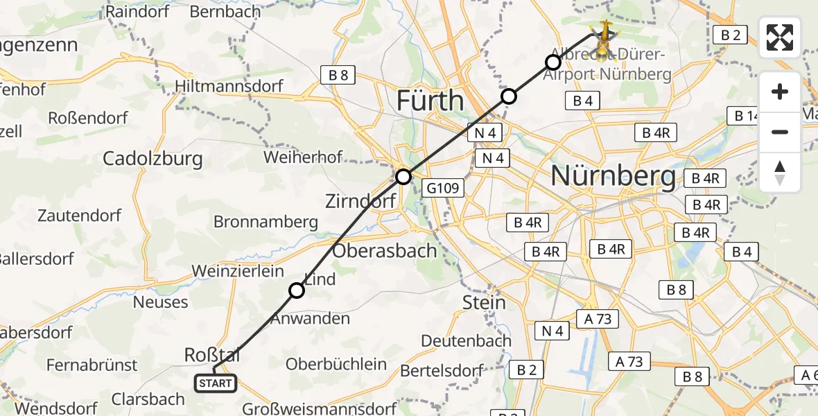Flugroute Ambulanzhubschrauber Roßtal - Flughafen Nuremberg, 04 Juli 2026, 17:59