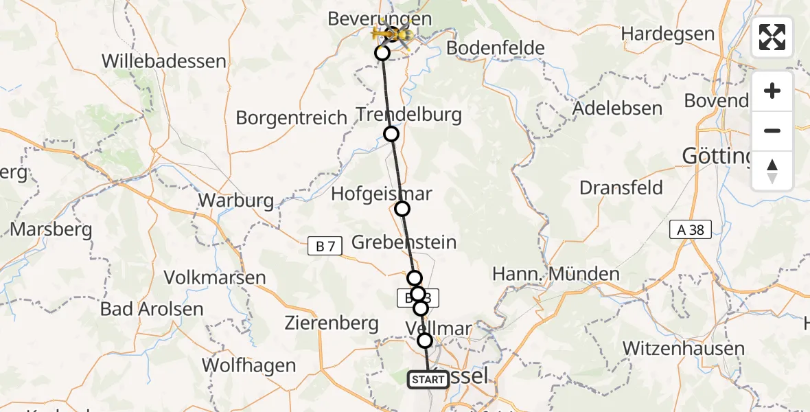 Flugroute Rettungshubschrauber Kassel - Lauenförde, 04 Juli 2026, 17:59