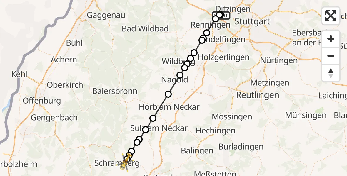 Flugroute Rettungshubschrauber Leonberg Hospital - Schramberg, 04 Juli 2026, 18:01