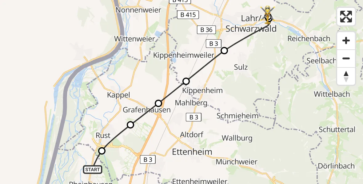 Flugroute Rettungshubschrauber Rheinhausen - Ortenau Hospital Lahr-Ettenheim, 04 Juli 2026, 18:10