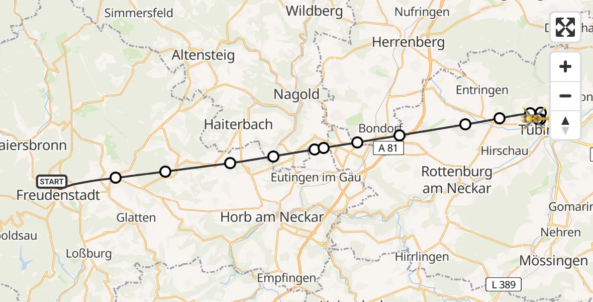 Flugroute Ambulanzhubschrauber Freudenstadt - Tübingen University Hospital, 04 Juli 2026, 18:12