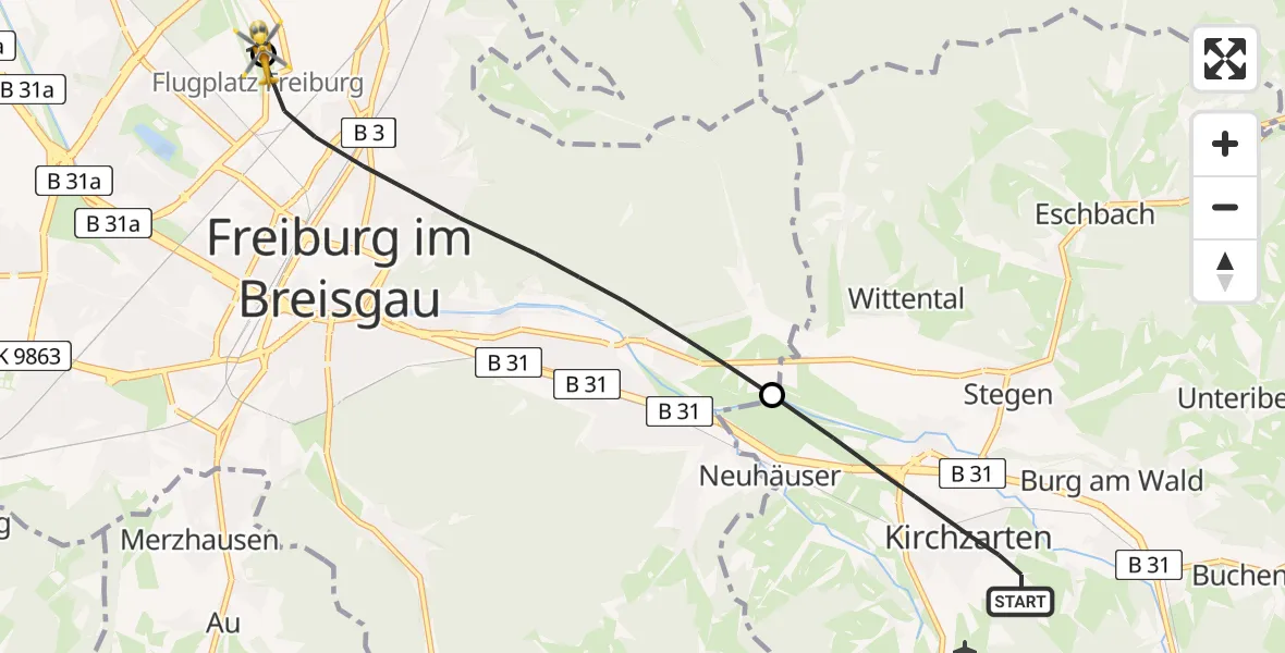 Flugroute Rettungshubschrauber Kirchzarten - Freiburg im Breisgau Flugplatz, 04 Juli 2026, 18:15