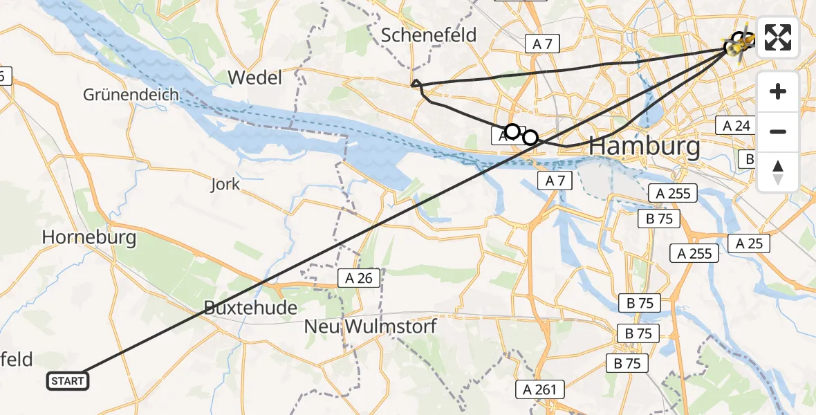 Flugroute Rettungshubschrauber Harsefeld - Hamburg Military Hospital, 04 Juli 2026, 18:18