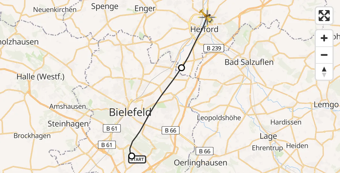 Flugroute Rettungshubschrauber Bielefeld Flughafen - Herford, 04 Juli 2026, 18:20
