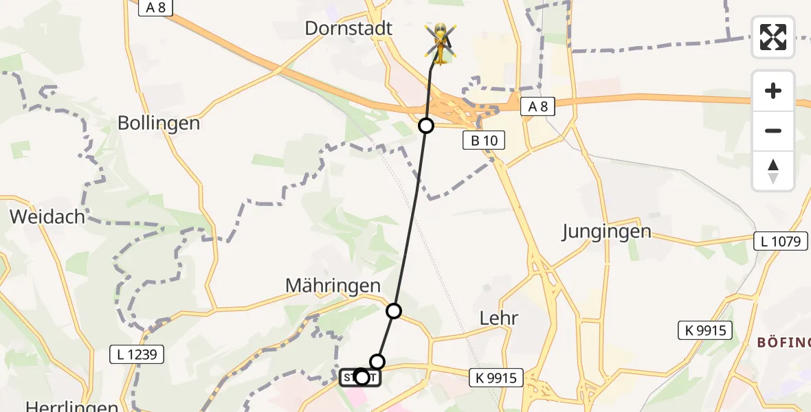 Flugroute Rettungshubschrauber Ulm Military Hospital Emergency - Dornstadt, 04 Juli 2026, 18:26