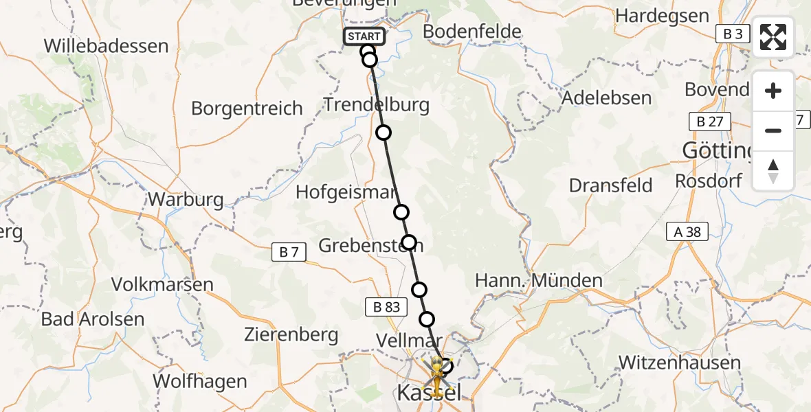 Flugroute Rettungshubschrauber Beverungen - Kassel, 04 Juli 2026, 18:34