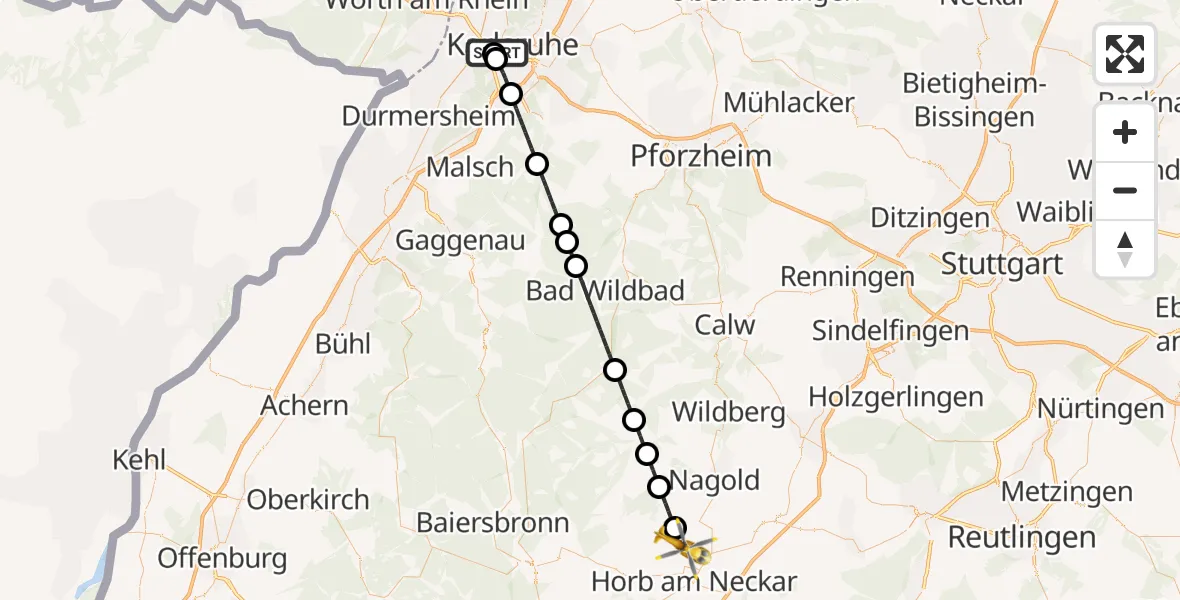 Flugroute Ambulanzhubschrauber Sankt Vincentius Hospital - Horb am Neckar, 04 Juli 2026, 18:39