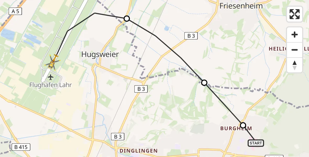 Flugroute Rettungshubschrauber Ortenau Hospital Lahr-Ettenheim - Lahr Flughafen, 04 Juli 2026, 18:40
