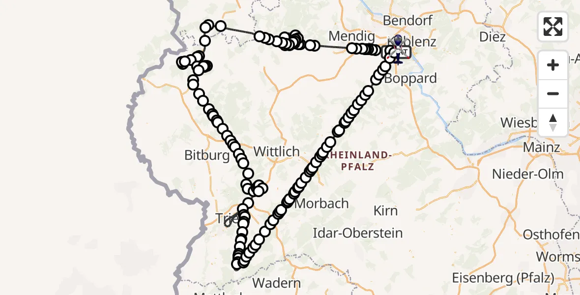Flugroute Polizeihubschrauber Winningen - Koblenz-Winningen Flugplatz, 04 Juli 2026, 18:46