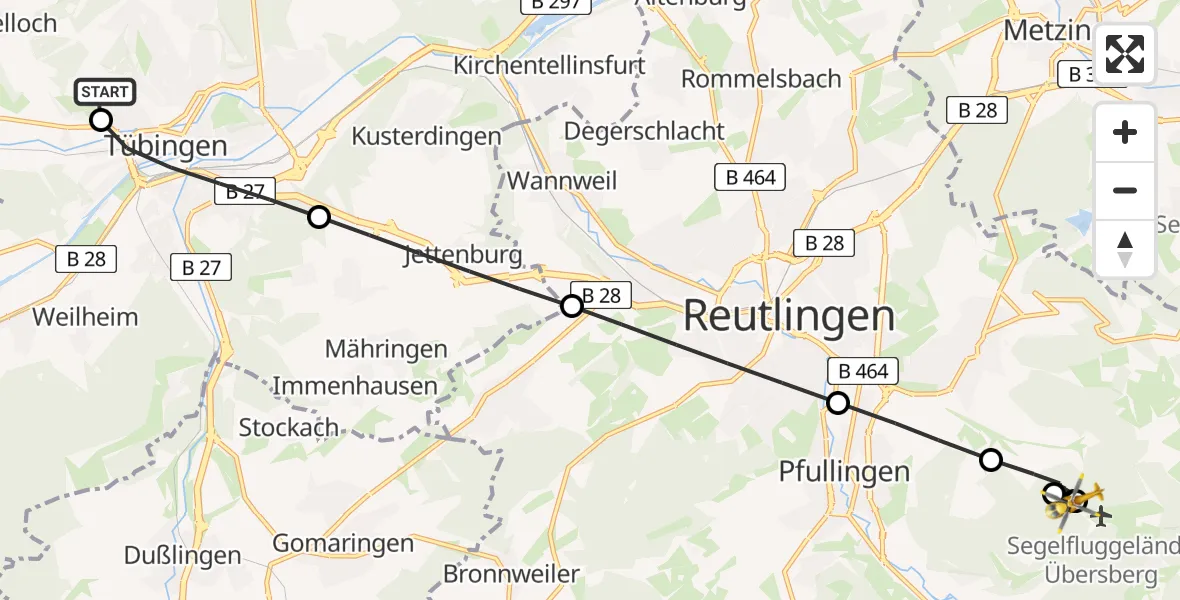 Flugroute Ambulanzhubschrauber Tübingen University Hospital - Pfullingen, 04 Juli 2026, 18:52